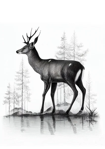 Cute Deer Illustration Black White — Zdjęcie stockowe