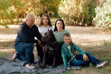 Labrador Retriever köpeğiyle parkta oynayan mutlu bir aile. Evcil hayvanlara sevgi ve sevgi, arkadaşlık arkadaşı. Köpek cins - Cane Corso