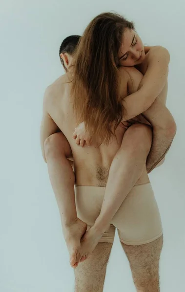 Cheerful Woman Man Standing White Background Body Positive Young Couple — ストック写真