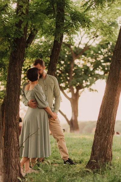 怀孕的夫妇拥抱在大自然中 丈夫和他怀孕的妻子在公园里散步 快乐的家庭概念照片 无焦点模糊及噪音效应 — 图库照片