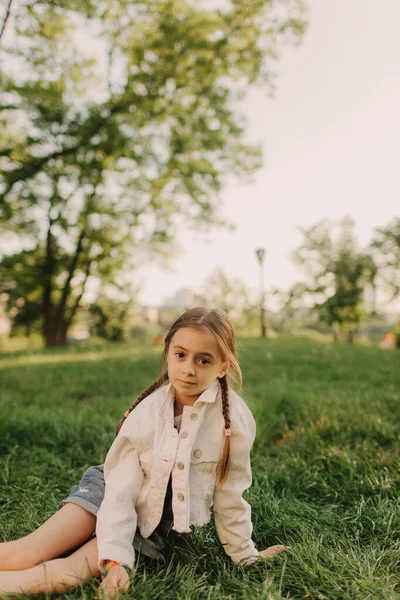 Little Relaxed Girl Breathing Fresh Air Green Forest Pretty Tween — Stock Photo, Image