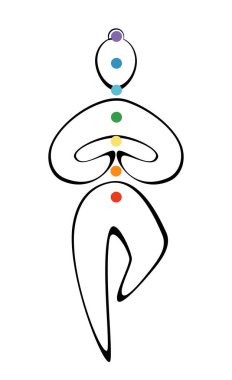 Yoga yapan bir adamın beyaz arka planda çakra renginde pozlar vermesi. Poster ve afiş için modaya uygun fikir tasarımı