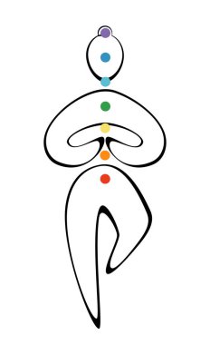 Yoga yapan bir adamın beyaz arka planda çakra renginde pozlar vermesi. Poster ve afiş için modaya uygun bir tasarım. Vektör