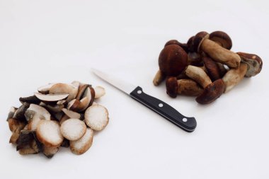 Hafif arka planı temizlemek için kullanılan bıçaklı Polonya mantarı. Uzayı kopyala Üst Manzara. Organik orman yiyeceği, yenilebilir taze Porcini mantarı. Sonbahar hasat konsepti. Mantar toplama.