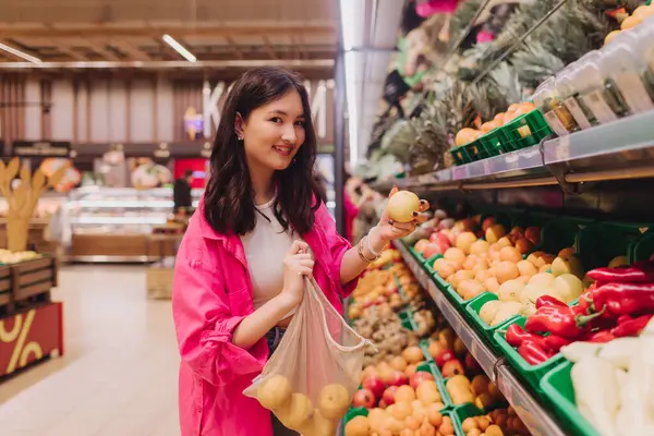 Young Korean Woman Shopping Plastic Bags Grocery Store Vegan Zero Stock Photo
