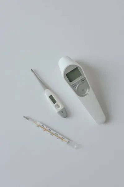 Comparison Mercury Thermometer Infrared Electronic Thermometer Baby Thermometer Measuring Human Stock Photo