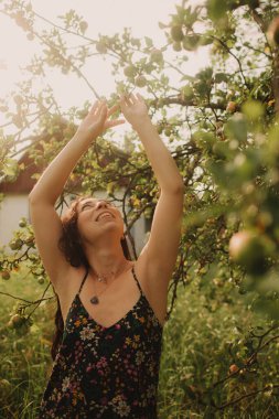 Kadın organik çiftçi, eko-çiftliğindeki elma hasadına seviniyor. Yeşil turizm kavramı, yavaş yaşam, bahçıvanlık, çevre dostu. Dizinin bir parçası.