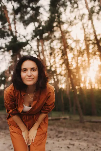 stock image Overjoyed happy woman enjoying the green beautiful nature woods forest around her - concept of female people and healthy natural lifestyle. Part of the series.