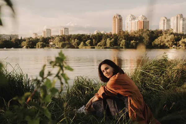 stock image Overjoyed happy woman enjoying the green beautiful nature woods forest around her - concept of female people and healthy natural lifestyle. Part of the series.