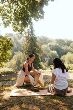 Açık alanda düşünceli meditasyon ve yogadan önce danışman ve öğrenci. Derin rahatlama ve insanların iç düşünceleri. Meditasyon deneyimini kolaylaştırmak. Dizinin bir parçası.
