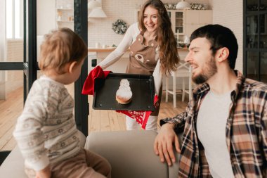 Ailede mutlu anlar ve Noel arifesinde akrabalarla birlikte geçirilen zaman. Yeni yıl, anneler günü ve babalar günü için hediye kavramı. Modern mutfak iç mimarisi. Bir serinin parçası.