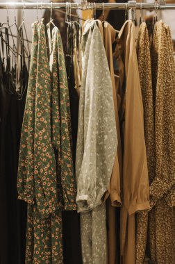 Perakende mağazasında farklı renklerde moda kıyafetleri seçiyor. Geri Dönüşüm Konseptini Azalt. Yatay fotoğraf.