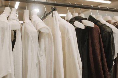 Perakende mağazasında farklı renklerde moda kıyafetleri seçiyor. Geri Dönüşüm Konseptini Azalt. Yatay fotoğraf.