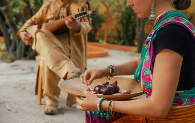 Geleneksel giysiler içinde Hint müzisyen dışarıda sitar festivali sezonu oynuyor. Geleneksel sari giymiş bir kadın Diwali festivali sırasında Diya lambasını yakıyor. Mutlu karşılama fotoğrafları. Bir serinin parçası.