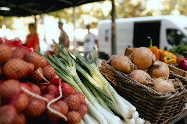 Küçük şehir pazarında taze sebzeler. Organik ürünler açık pazarda satılıyor. Taze ekin ve sebze hasadı satıyorum. Avrupa şehir merkezi. Kapatın. Dizinin bir parçası.