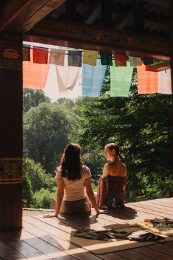 Düşünceli meditasyon ve çardakta yoga yapmadan önce kadın akıl hocası ve öğrenciyi kapatın. Meditasyon deneyimini kolaylaştırmak. Dizinin bir parçası. Tibet şarkı kasesi. Yumuşak odak, bulanık, gürültü efekti