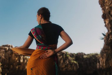 Geleneksel sari elbiseli Hintli kadın. Arka planda okyanus var. Hint festivali kostümü. Yalnız turizm kavramı ve Hindistan 'a seyahat. Bir serinin parçası
