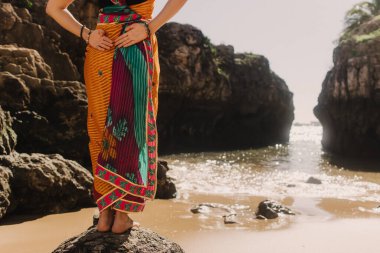 Geleneksel sari elbiseli Hintli kadın. Arka planda okyanus var. Hint festivali kostümü. Yalnız turizm kavramı ve Hindistan 'a seyahat. Bir serinin parçası