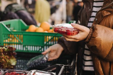 Kadın alıcıların elinde taze böğürtlenli şeffaf plastik kaplar. Yerel pazarda paketler üst üste istiflenir. Çilekler sert, zengin ve parlaktır..