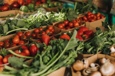 Küçük şehir pazarında taze sebzeler. Organik ürünler açık pazarda satılıyor. Taze ekin ve sebze hasadı satıyorum. Avrupa şehir merkezi. Kapatın. Dizinin bir parçası.