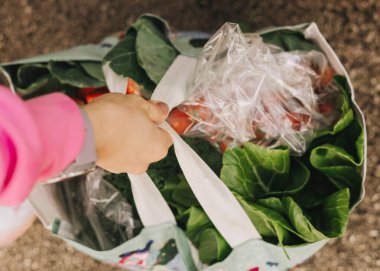 Alınan sebzelerle dolu büyük bir poşeti yerde tutan bir alıcının yakın çekimi. Yakın çekim, üst görüş. Yerel pazarlar ve yerel çiftçiler kavramı