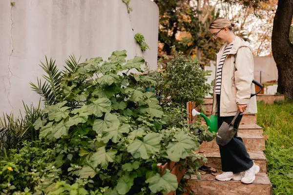 Çiçekçilik yapan orta yaşlı bir kadının portresi. Bahçedeki çiçek ve bitkilerle ilgilenen. Klasik sera eko-çiftliği. Yeşil turizm kavramı, yavaş yaşam, bahçıvanlık, çevre dostu. Dizinin bir parçası