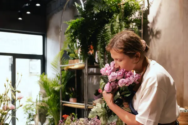 Önlüklü orta yaşlı kadın çiçekçi çiçekçide çiçek buketi için çiçek düzenliyor. Küçük bir yerel işletme. Dizinin bir parçası. Yumuşak odak