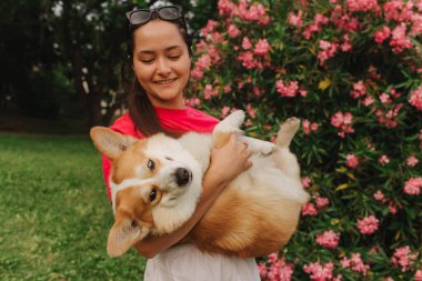 Güneşli bir havada parkta Galli bir Corgi 'ye sarılan bir kadının yakın çekimi. Köpeği gezdirme kavramı, köpek ve sahibi arasındaki arkadaşlık. Dizinin bir parçası. Yumuşak odak.