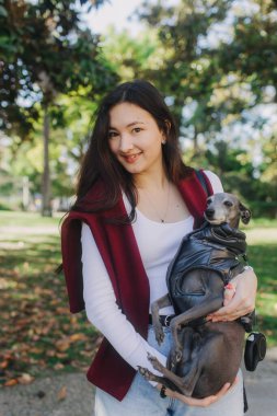 İtalyan Greyhound 'u olan genç bir kız seyahat izni uygulaması ile telefon paylaşımı videosu kaydediyor. Gen Z etkileyicisi sosyal medya hikayeleri çekiyor. Bir köpekle insan arasındaki arkadaşlık kavramı. UGC