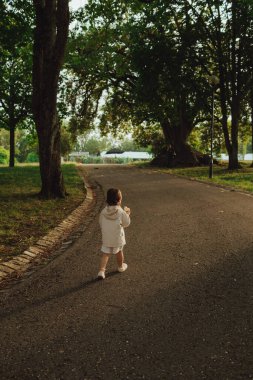 Sonbahar parkında oynayan mutlu küçük bir kız bebek. Çocukluk sevinci, Anneler Günü, açık hava aktivitesi, erken öğrenme, hayal gücü, otantik an, duygusal çocukluk, doğal ışık. Bir serinin parçası