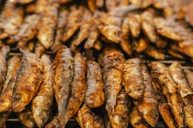 Portekiz 'in Lizbon kentinde düzenlenen Santos Popülares kutlamaları sırasında canlı bir sokak festivalinde ızgara sardalya servis ediliyor. Geleneksel Portekiz yemekleri. Yaklaş, yumuşak odaklan. Bir serinin parçası