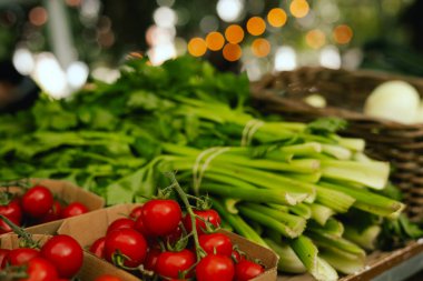 Küçük şehir pazarında taze sebzeler. Organik ürünler açık pazarda satılıyor. Taze ekin ve sebze hasadı satıyorum. Avrupa şehir merkezi. Kapatın. Dizinin bir parçası.