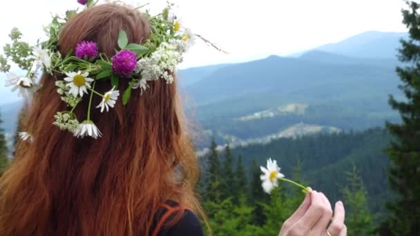 Wandermädchen Mit Dem Blumenkranz Steht Holzzaun Und Blickt Auf Die — Stockvideo