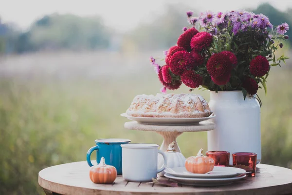 Herbststimmung Tee Garten Apfelkuchen Tee Aster Bouquet Und Kürbis Deko — Stockfoto