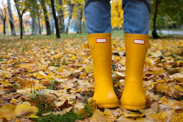 Strahlender Herbst Mädchen Gelben Gummistiefeln — Stockfoto