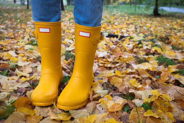 Strahlender Herbst Mädchen Gelben Gummistiefeln — Stockfoto