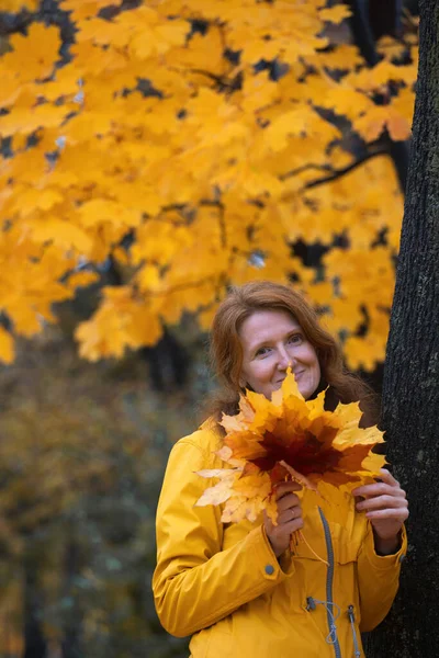 秋は明るい メープルの葉の花束を持って歩く少女の肖像画 — ストック写真