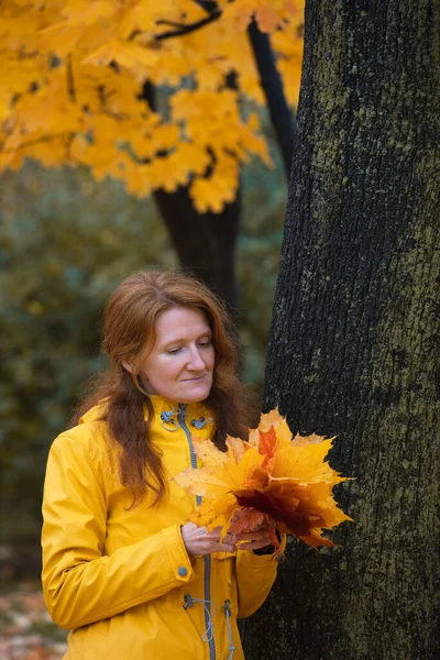 Φωτεινό Φθινόπωρο Πορτρέτο Ενός Κοριτσιού Που Περπατάει Ένα Μπουκέτο Φύλλα — Φωτογραφία Αρχείου