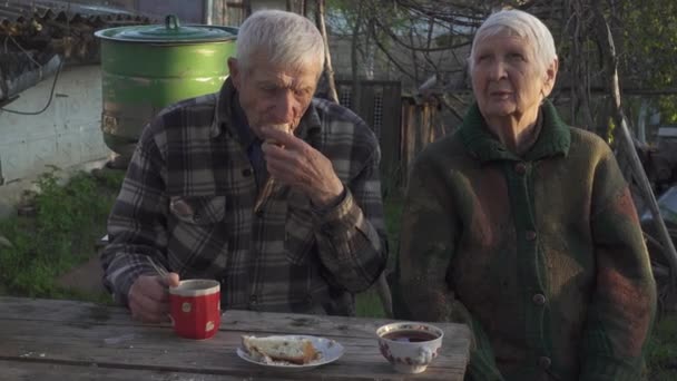Para Seniorów Siedząca Zewnątrz Ogrodzie Wiejskiego Domu Jedząca Ciasto Dość — Wideo stockowe