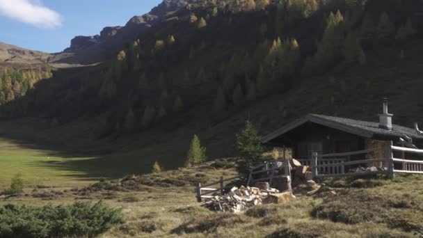 Старые Традиционные Деревянные Хижины Лугу Австрийских Альпах — стоковое видео