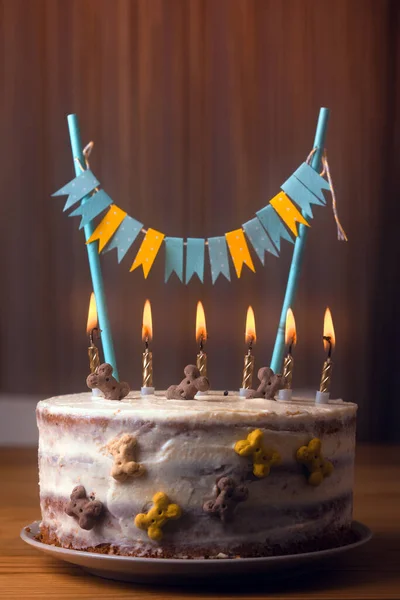 狗的生日 用蜡烛和骨头装饰的蛋糕 — 图库照片