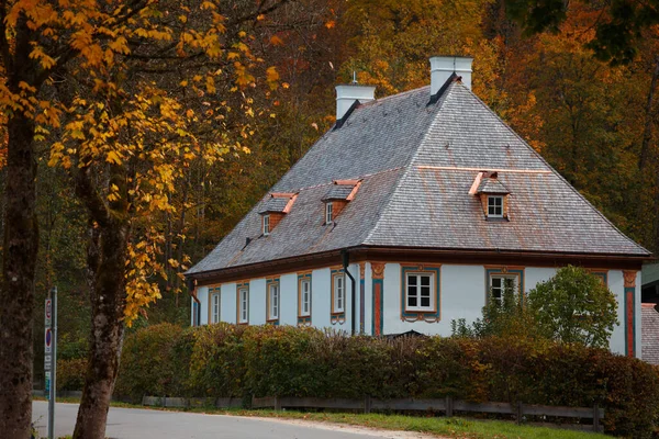 美丽的风景 以秋树为背景的房子 — 图库照片