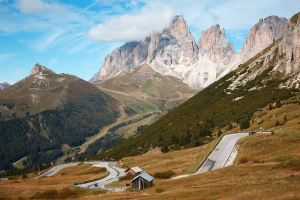 Passo Pordoi Ορεινό Δρόμο Σερπεντίνη Στα Βουνά Δολομίτες Ital — Φωτογραφία Αρχείου