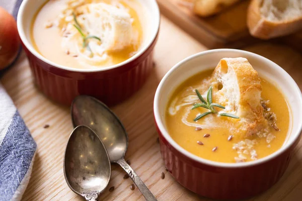 Lækker Græskar Suppe Til Frokost Velsmagende Sund Foo - Stock-foto