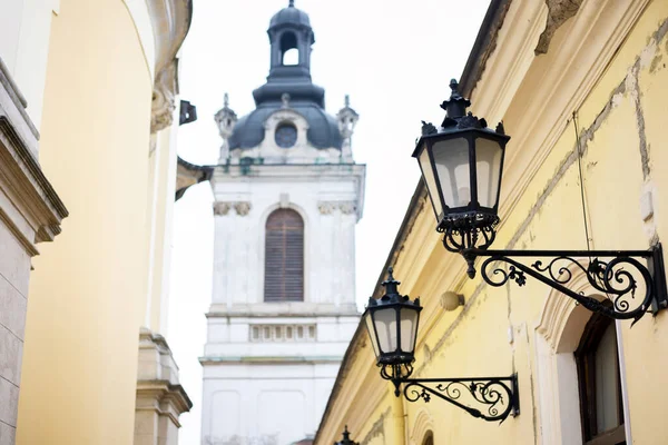 Улица Архикафедральном Соборе Святого Юра Львове Street Lamp Foregroun — стоковое фото