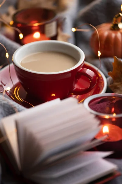 Cozy Autumn Background Cup Coffee Candle — Stock Photo, Image