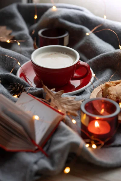 Cozy Background Cup Coffee Candle — Stock Photo, Image
