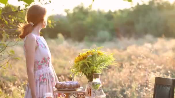 Mulher Preparando Mesa Jantar Com Sobremesa Bolo Jardim Nos Raios — Vídeo de Stock