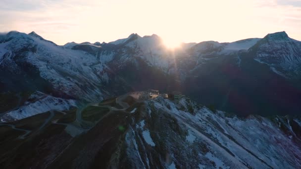 Aerial View Well Known Edelweissspitze Viewpoint Grossglockner Alpine Road Sunset — Stock Video