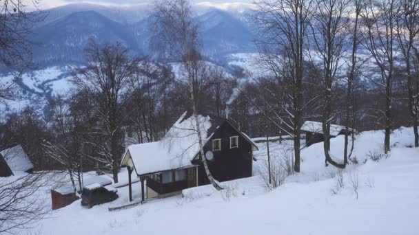 Beautiful Quite Winter Panorama Small Residential House Snowed Mountain Hill — Wideo stockowe